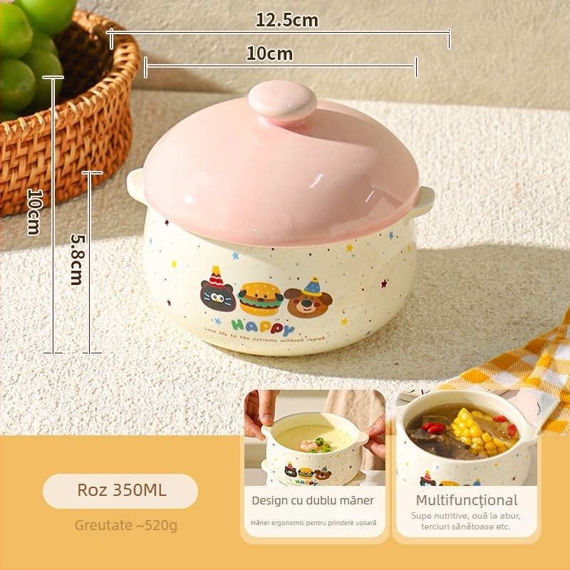 Boluri ceramice cu capac pentru aburirea ouălor, pentru bain-marie și supă, veselă drăguță pentru copii