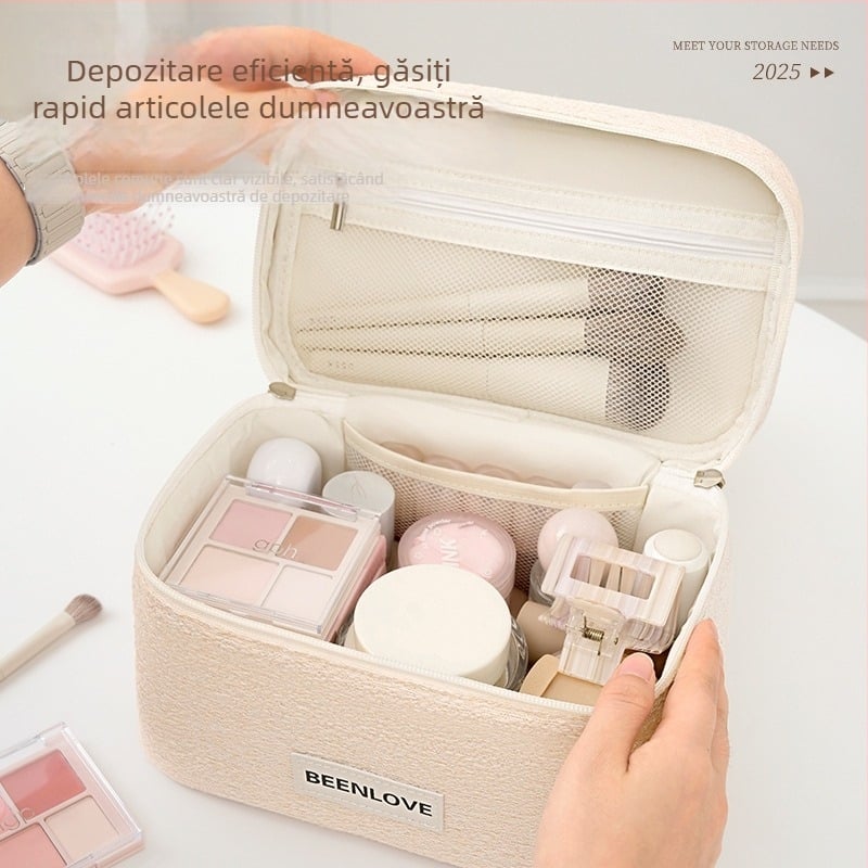 Geantă cosmetică portabilă, capacitate mare, compartimente împărțite, organizator de călătorie pentru femei