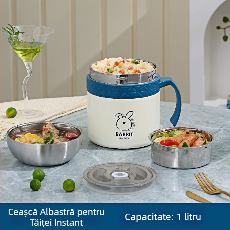 Castron pentru tăiței instant din oțel inoxidabil 304, complet inoxidabil, pentru birou și cantină școlară, cană termoizolantă pentru masă