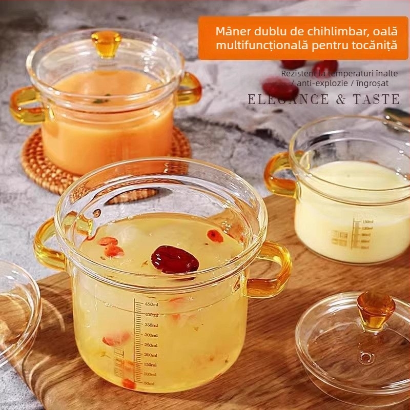 Vas de sticlă pentru gătit la abur cu capac, cu mâner dublu, pentru budincă de ou și deserturi pentru bebeluși, compatibil cu microunde