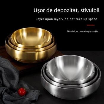 Castron din oțel inoxidabil auriu pentru tăiței reci coreeni, bol în stil bibimbap, bol pentru ramen și salate, bol izolat mare