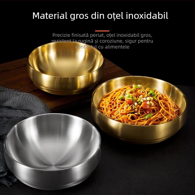 Castron din oțel inoxidabil auriu pentru tăiței reci coreeni, bol în stil bibimbap, bol pentru ramen și salate, bol izolat mare