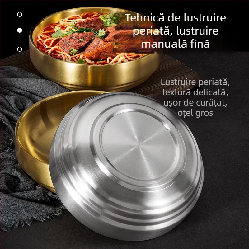 Castron din oțel inoxidabil auriu pentru tăiței reci coreeni, bol în stil bibimbap, bol pentru ramen și salate, bol izolat mare