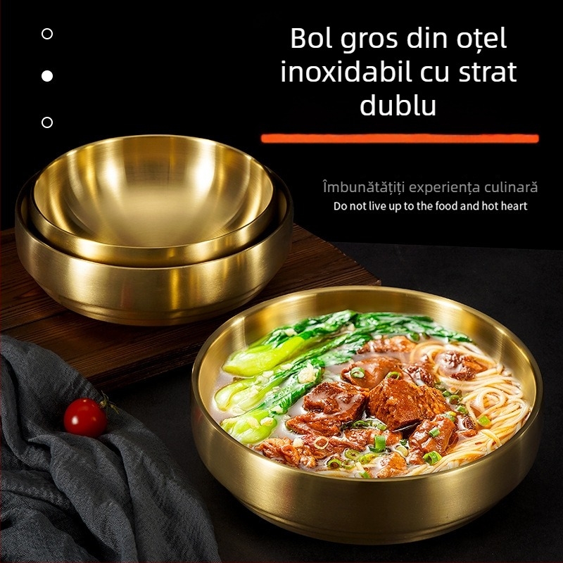 Castron din oțel inoxidabil auriu pentru tăiței reci coreeni, bol în stil bibimbap, bol pentru ramen și salate, bol izolat mare
