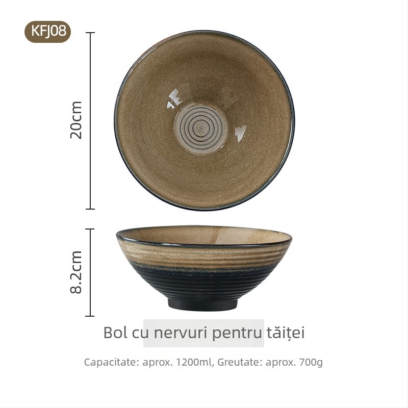 Set de boluri ceramice de 8 inch, cu nervuri, în stil japonez, din porțelan, pentru supă și tăiței; boluri mari pentru salata de fructe