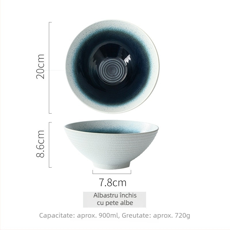 Set de boluri ceramice de 8 inch, cu nervuri, în stil japonez, din porțelan, pentru supă și tăiței; boluri mari pentru salata de fructe