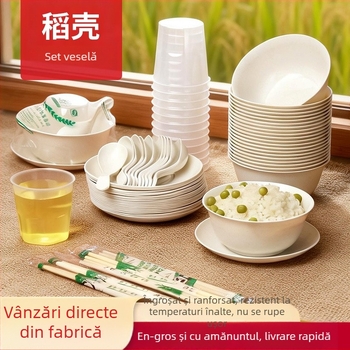 Set de tacâmuri biodegradabile din coji de orez, cu boluri, farfurii, pahare, linguri și bețișoare, pentru uz casnic și comercial