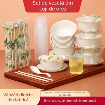Set de tacâmuri biodegradabile din coji de orez, cu boluri, farfurii, pahare, linguri și bețișoare, pentru uz casnic și comercial