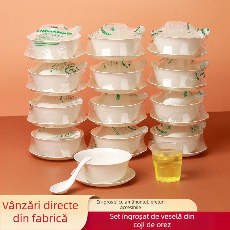 Set de tacâmuri biodegradabile din coji de orez, cu boluri, farfurii, pahare, linguri și bețișoare, pentru uz casnic și comercial