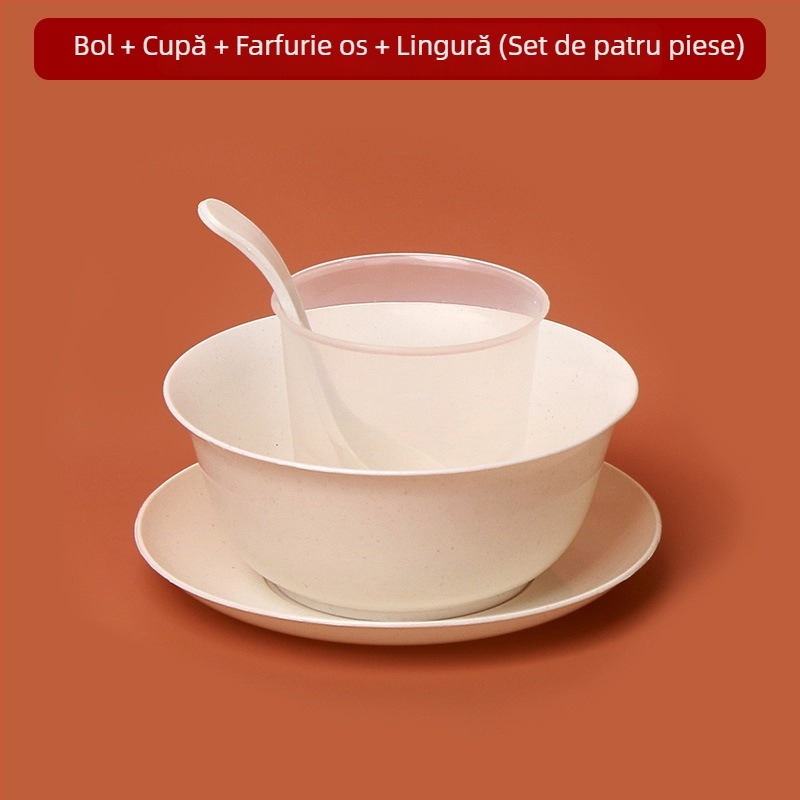 Set de tacâmuri biodegradabile din coji de orez, cu boluri, farfurii, pahare, linguri și bețișoare, pentru uz casnic și comercial