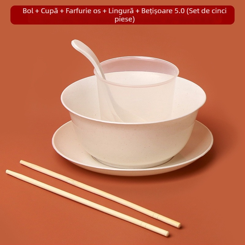 Set de tacâmuri biodegradabile din coji de orez, cu boluri, farfurii, pahare, linguri și bețișoare, pentru uz casnic și comercial