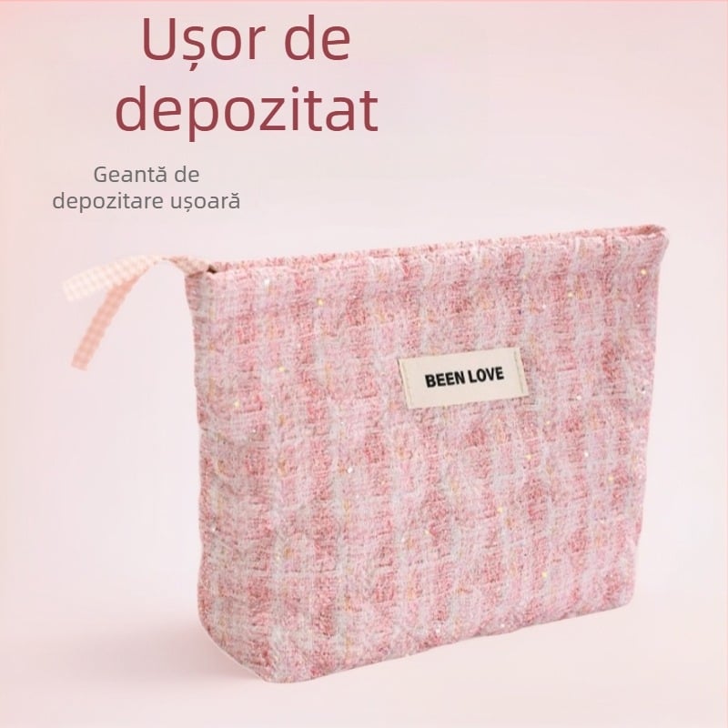 Geantă de machiaj ușoară pentru călătorii, cu organizator pentru pensule, husă cosmetică compactă, design modern minimalist.