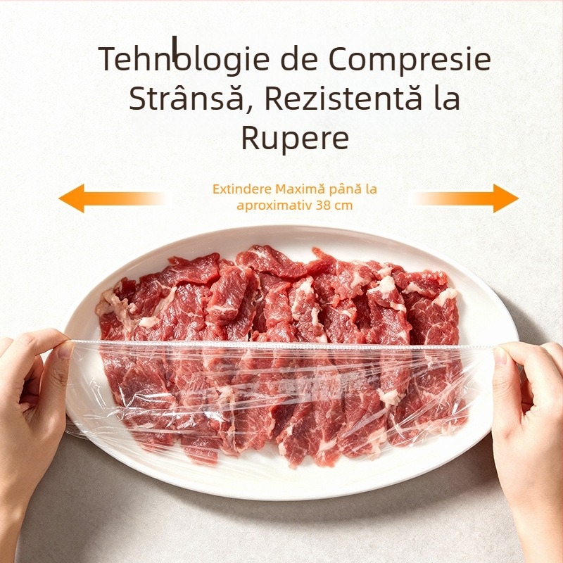 Capac de plastic alimentar de unică folosință, din folie transparentă, cu bandă elastică, pentru acoperirea resturilor din frigider