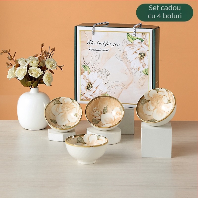 Set de boluri din porțelan cu camelia — farfurii de servire moderne, diametrul 10-11 cm, potrivit pentru microunde