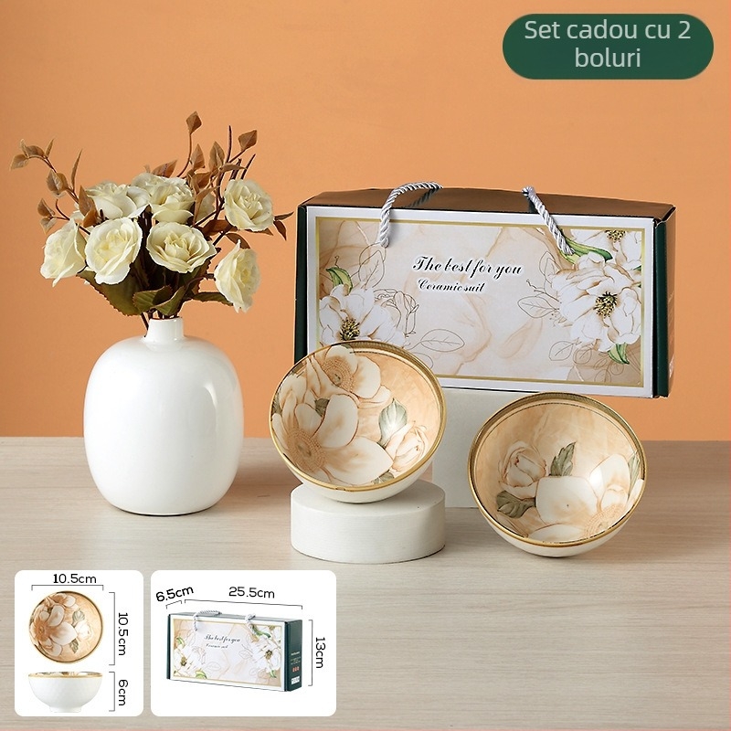 Set de boluri din porțelan cu camelia — farfurii de servire moderne, diametrul 10-11 cm, potrivit pentru microunde