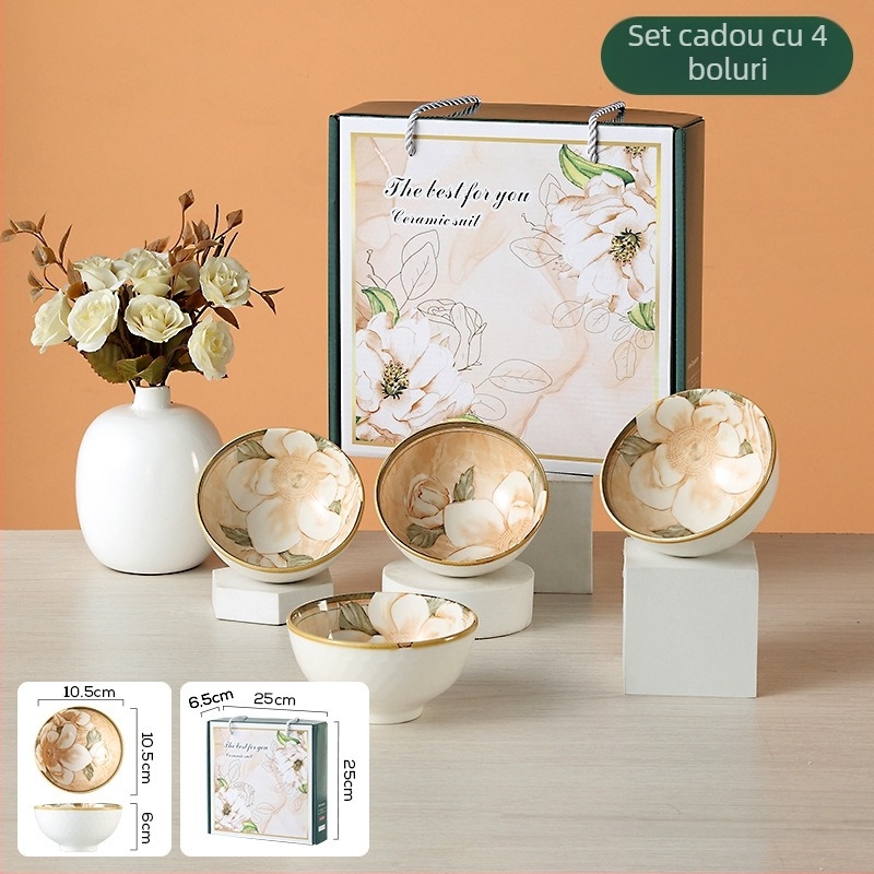 Set de boluri din porțelan cu camelia — farfurii de servire moderne, diametrul 10-11 cm, potrivit pentru microunde