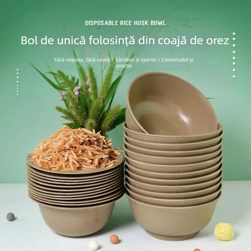 Set de veselă biodegradabilă din coji de orez: boluri, farfurii, cești și bețișoare pentru uz casnic