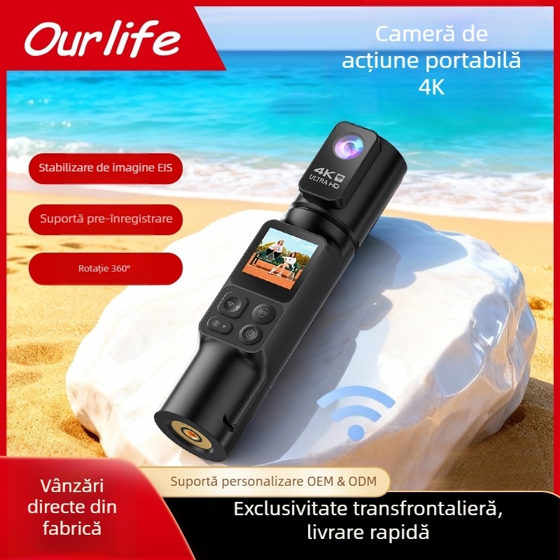 Cameră portabilă 4K cu stabilizare EIS, rotație de 350°, pentru călătorii și filmări în aer liber, cameră de buzunar pentru vlog