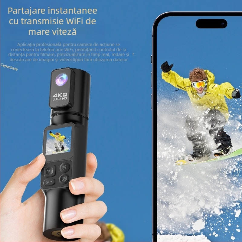 Cameră portabilă 4K cu stabilizare EIS, rotație de 350°, pentru călătorii și filmări în aer liber, cameră de buzunar pentru vlog