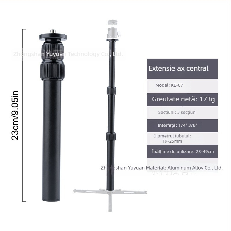 Bară de extindere metalică cu trei secțiuni pentru axa centrală a unei camere Micro SLR, pe trepied – stabilizator foto cu extindere pan/tilt