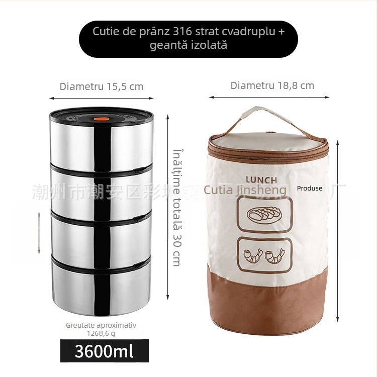 Cutie de prânz din oțel inoxidabil 316L, izolație multistrat, cutie tip Bento, 3 sau 4 straturi, alimentară, etanșă