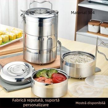 Cutie de prânz izolată, cu două straturi, din oțel inoxidabil 304, rotundă, cu grilă pentru alimente