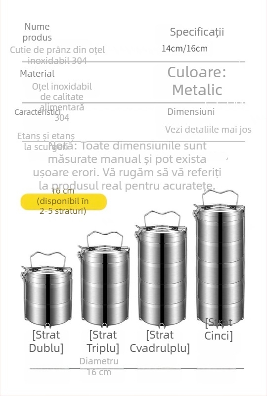 Cutie de prânz izolată, cu două straturi, din oțel inoxidabil 304, rotundă, cu grilă pentru alimente