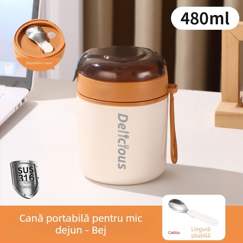 Cească de mic dejun din oțel inoxidabil 316, cu capac și lingură, izolată pentru terci, recipient portabil pentru supă, cutie mică izolată pentru prânz