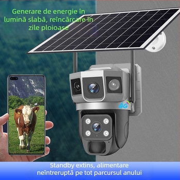 Cameră 4G cu trei lentile și trei ecrane, panoramă la 360° cu rotație pentru monitorizare HD