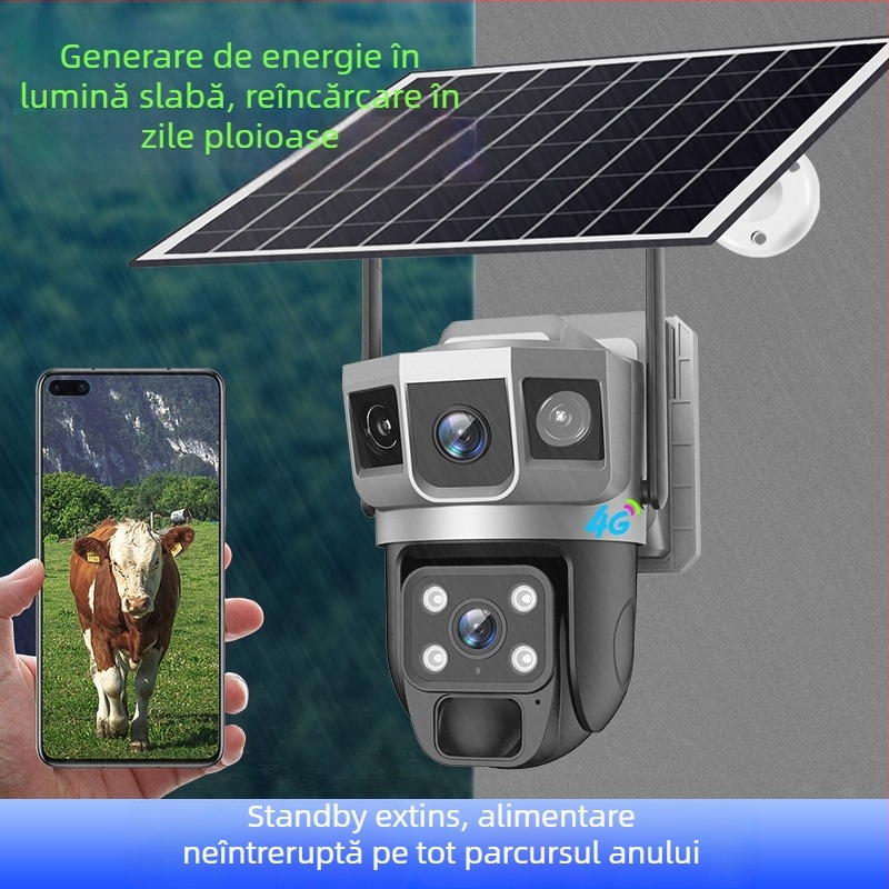 Cameră 4G cu trei lentile și trei ecrane, panoramă la 360° cu rotație pentru monitorizare HD