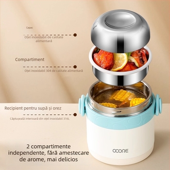 Cutie izolată de prânz din oțel inoxidabil 316L, 1,2 L, două compartimente, portabilă, menține mâncarea caldă 12 ore, pentru birou