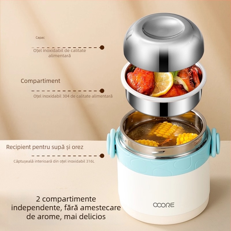 Cutie izolată de prânz din oțel inoxidabil 316L, 1,2 L, două compartimente, portabilă, menține mâncarea caldă 12 ore, pentru birou