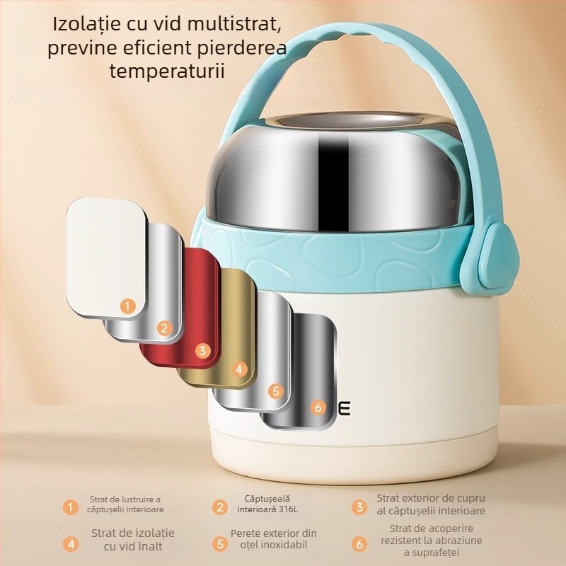 Cutie izolată de prânz din oțel inoxidabil 316L, 1,2 L, două compartimente, portabilă, menține mâncarea caldă 12 ore, pentru birou