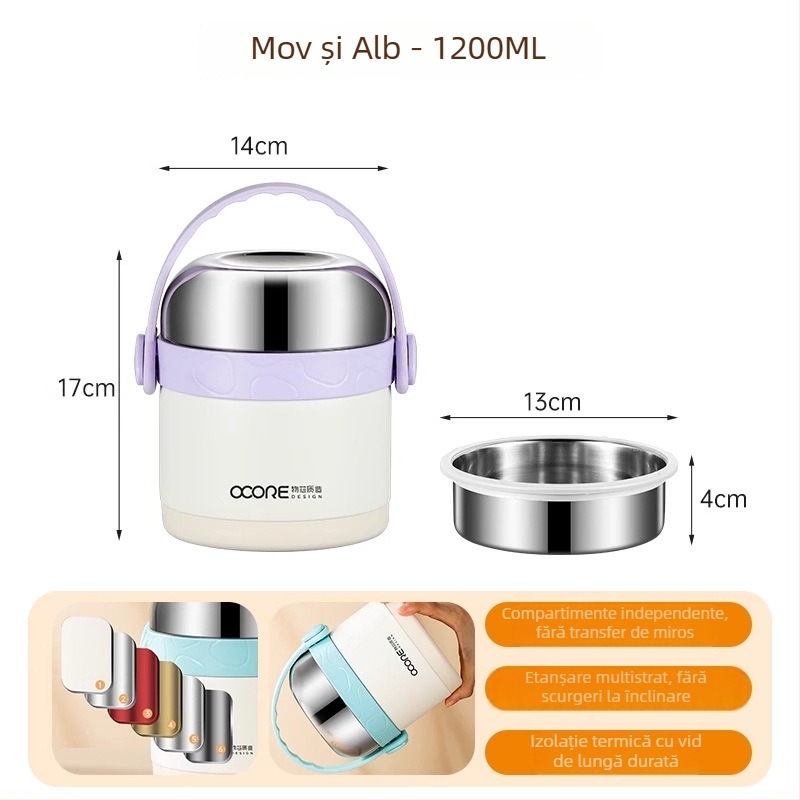 Cutie izolată de prânz din oțel inoxidabil 316L, 1,2 L, două compartimente, portabilă, menține mâncarea caldă 12 ore, pentru birou