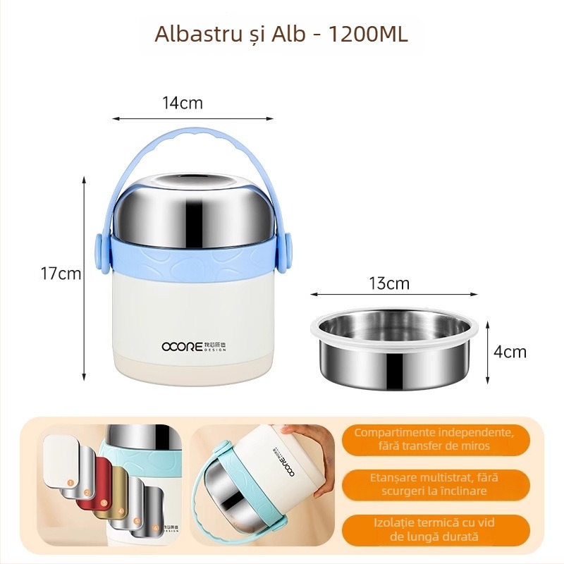 Cutie izolată de prânz din oțel inoxidabil 316L, 1,2 L, două compartimente, portabilă, menține mâncarea caldă 12 ore, pentru birou