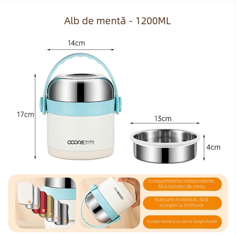 Cutie izolată de prânz din oțel inoxidabil 316L, 1,2 L, două compartimente, portabilă, menține mâncarea caldă 12 ore, pentru birou