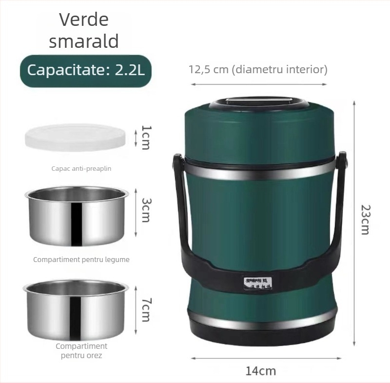 Cutie pentru prânz din oțel inoxidabil 304, izolație vid, cutie de prânz portabilă cu mâner, 2,2 L