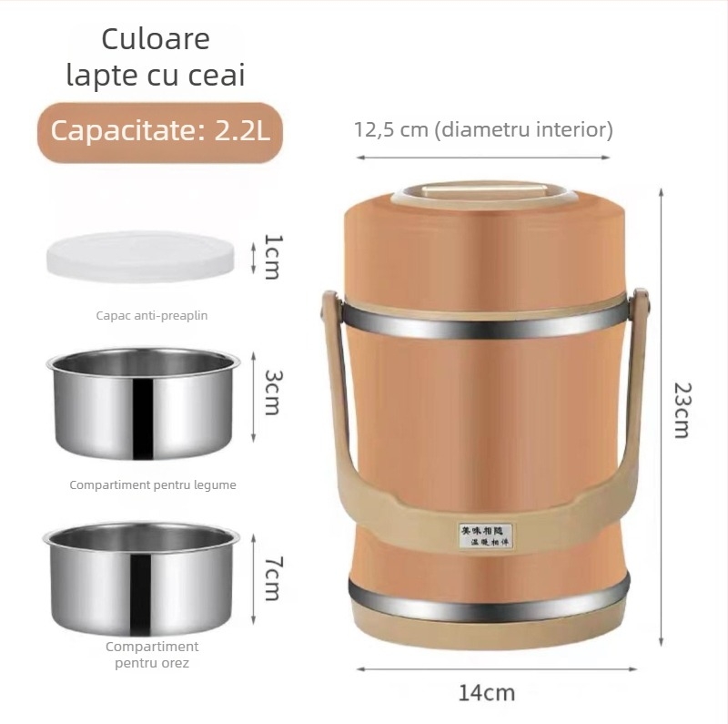 Cutie pentru prânz din oțel inoxidabil 304, izolație vid, cutie de prânz portabilă cu mâner, 2,2 L