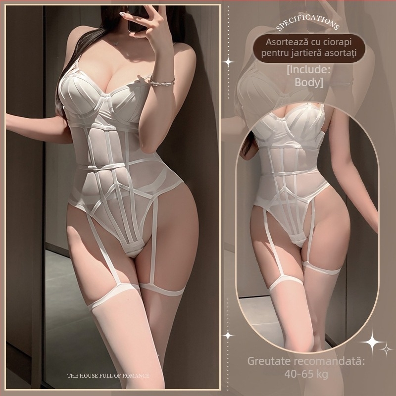 Body sexy de micro-modelare, cu plasă transparentă, push-up pentru sân mic, lenjerie dintr-o singură piesă