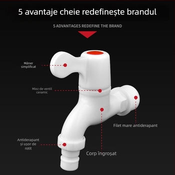 Robinet de apă din PVC pentru uz casnic, filetare 1/2–3/4 inch, etanș și rezistent la crăpături, durabil pentru mașina de spălat.