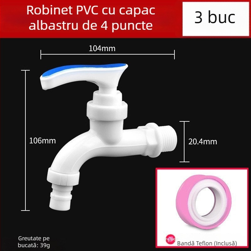Robinet de apă din PVC pentru uz casnic, filetare 1/2–3/4 inch, etanș și rezistent la crăpături, durabil pentru mașina de spălat.