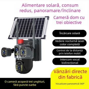 Cameră de securitate solară cu trei lentile, vizualizare panoramică de 360°, noapte în culoare de înaltă definiție și acces de la distanță prin telefon mobil