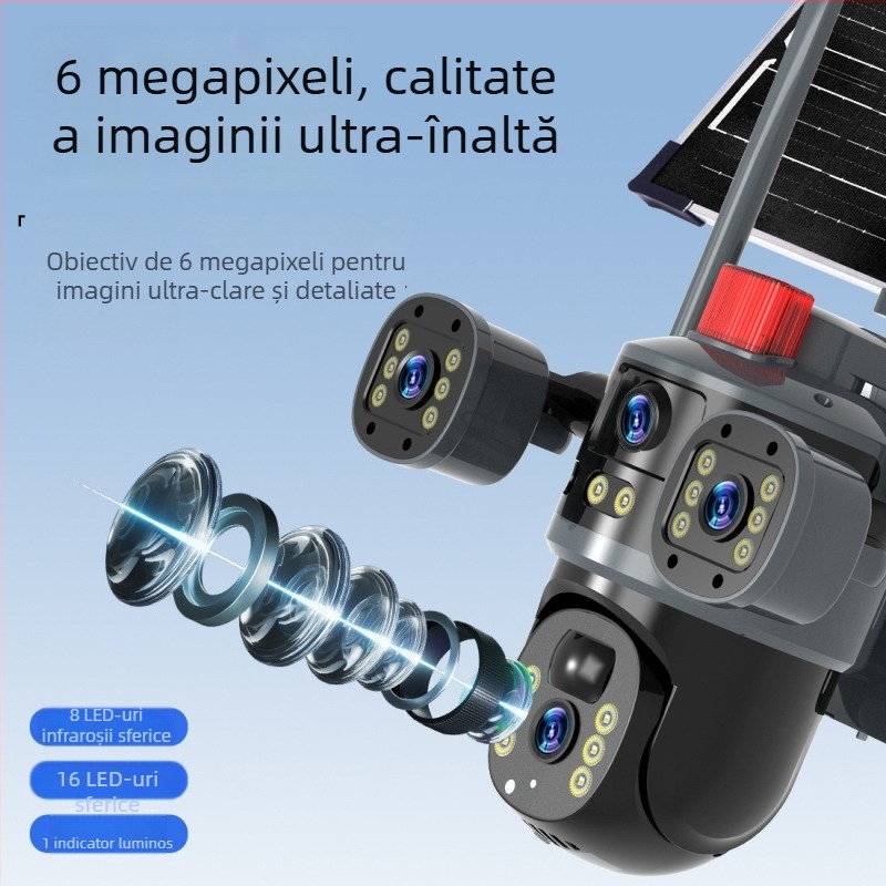 Cameră de securitate solară cu trei lentile, vizualizare panoramică de 360°, noapte în culoare de înaltă definiție și acces de la distanță prin telefon mobil