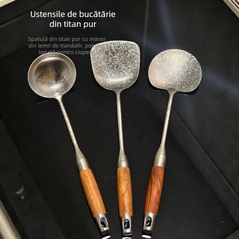 Spatulă din titan pur cu mâner din lemn de trandafir, spatulă pentru ciuperci, ușoară și rezistentă la arsură, ustensile de bucătărie pentru călit și lingură de supă