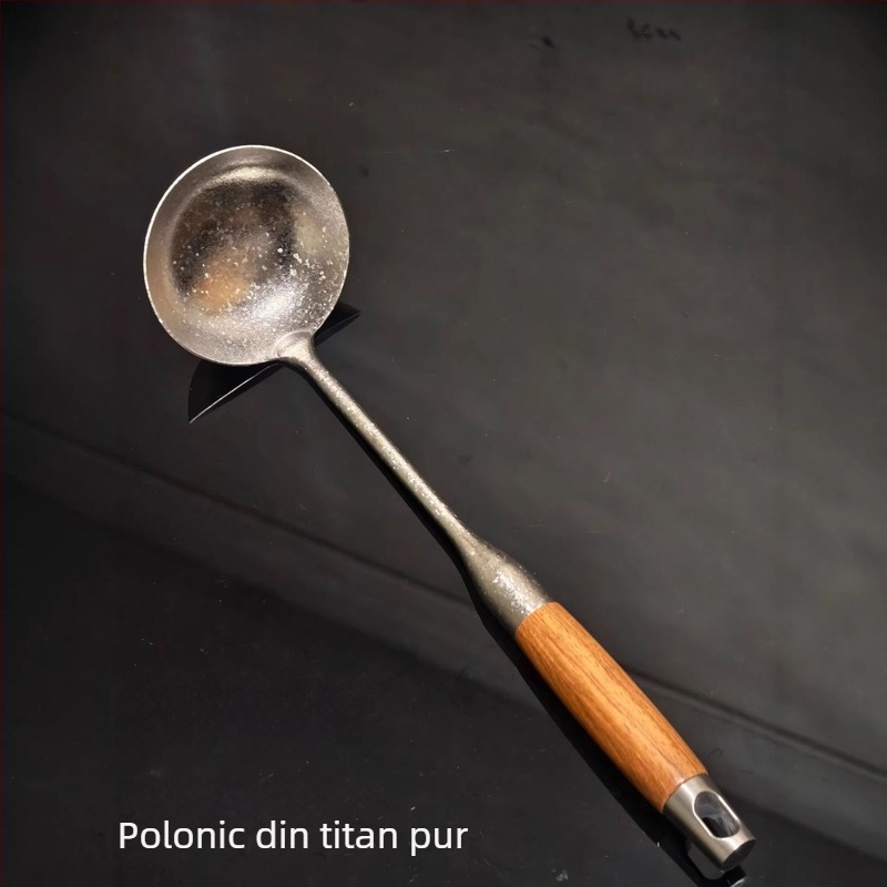 Spatulă din titan pur cu mâner din lemn de trandafir, spatulă pentru ciuperci, ușoară și rezistentă la arsură, ustensile de bucătărie pentru călit și lingură de supă
