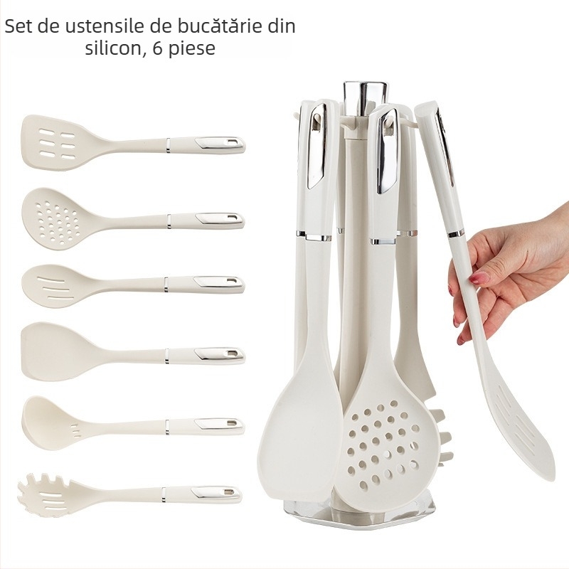 Set din silicon pentru bucătărie, 7 piese: spatulă, lingură, lingură de supă, cu mânere din nailon și PP