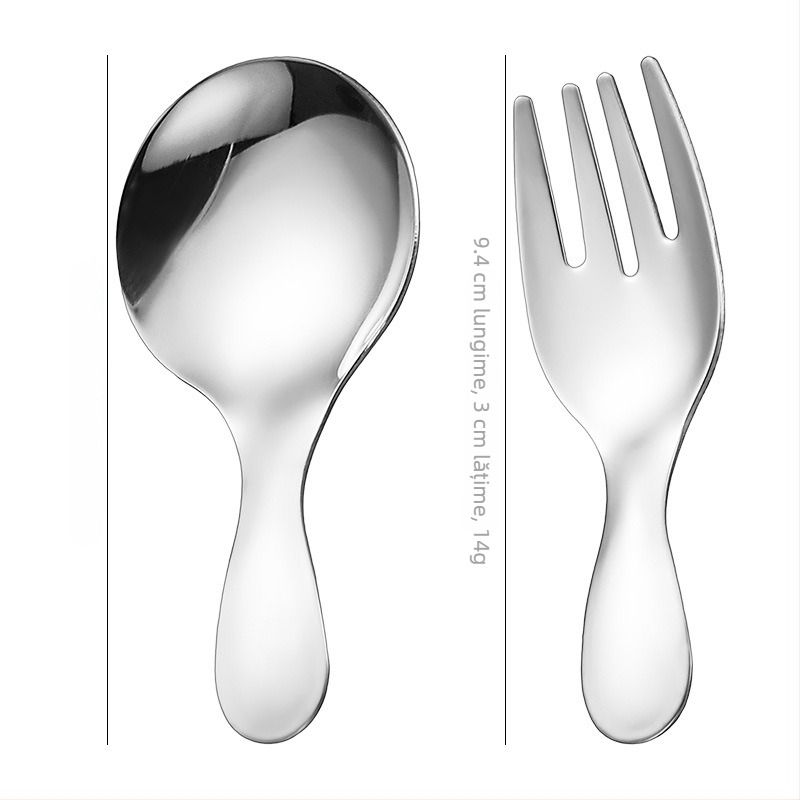 Set de lingură și furculiță din oțel inoxidabil pentru copii, mâner scurt, cap rotund, design scoică, tacâmuri drăguțe pentru înghețată și deserturi
