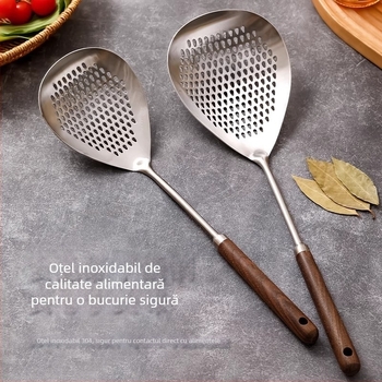 Lingură de strecurare din oțel inoxidabil 316, de calitate alimentară, cu mâner din lemn