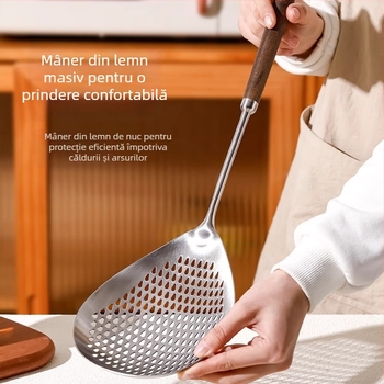 Lingură de strecurare din oțel inoxidabil 316, de calitate alimentară, cu mâner din lemn