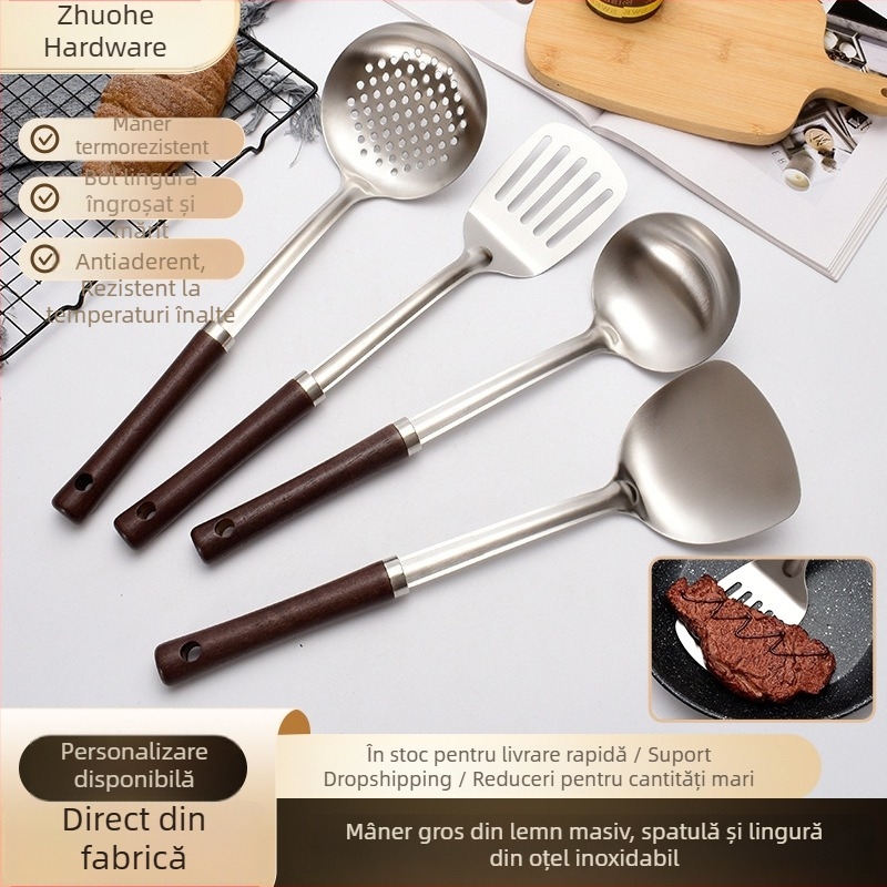 Set de patru piese din oțel inoxidabil cu mâner din lemn: spatulă și lingură pentru prăjit, sită mare și sită pentru ramen